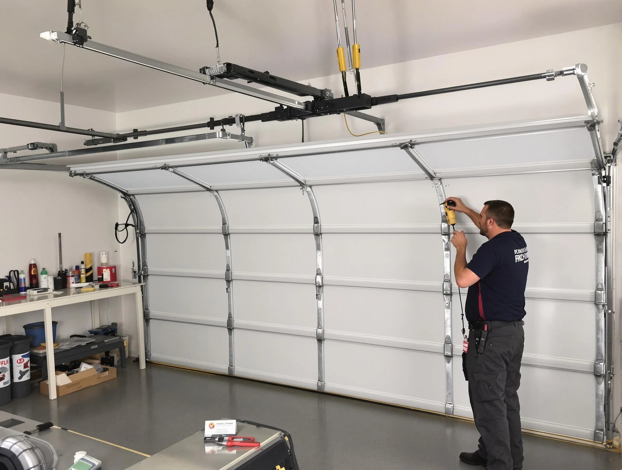 Parsippany-Troy Hills Garage Door Repair certified technician performing overhead door system repair in Parsippany-Troy Hills