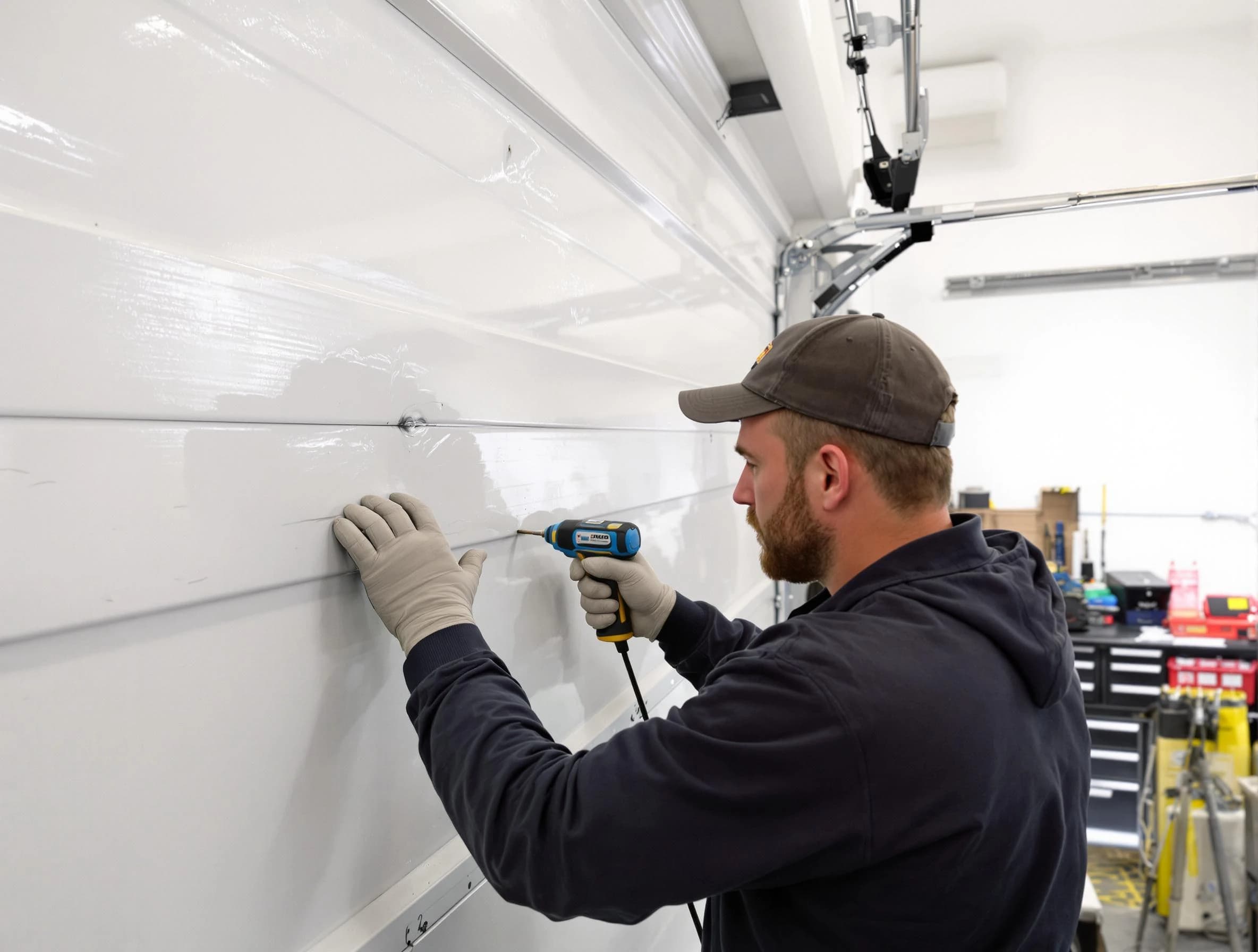 Parsippany-Troy Hills Garage Door Repair technician demonstrating precision dent removal techniques on a Parsippany-Troy Hills garage door